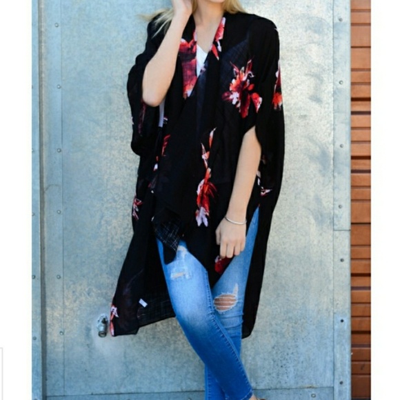 Accessories - 3 Left! Black Floral Print Kimono with Armholes